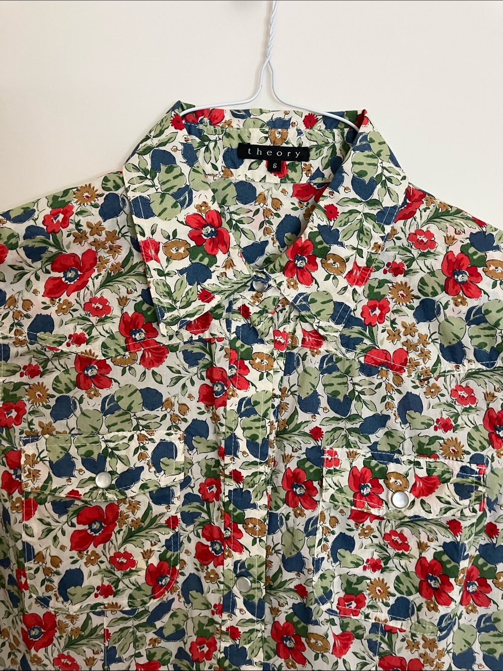 Theory Floral Button-Front Shirt dress in Red, Blue & Green
